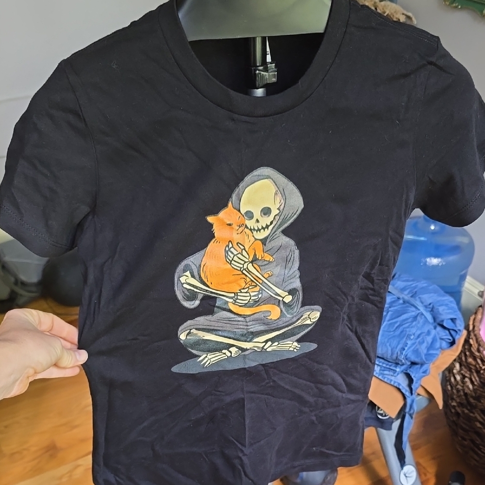 Black T-Shirt with Skeleton and Cat Design